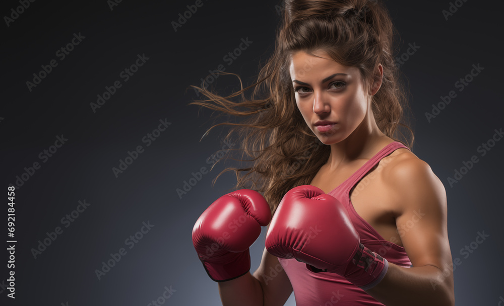 Beautiful brunette woman in pink boxing gloves and a T-shirt on black background with copy space Beautiful brunette woman in pink boxing gloves and a T-shirt on black background with copy space
