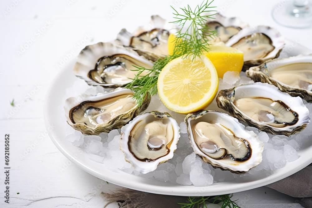 Fresh oysters with lemon on wooden table