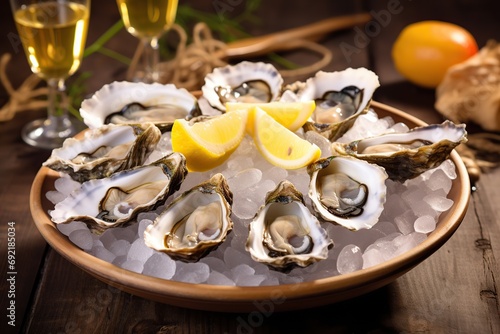 Fresh oysters with lemon on wooden table