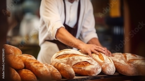Baker with fresh bread, blurred background of a rustic bakery