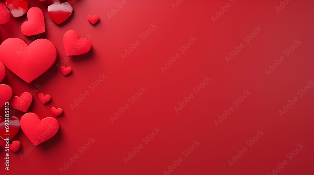 .Romantic Valentines Day backdrop featuring a red heart frame on a red background. Side perspective, space provided for text.
