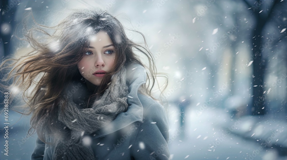 The image showcases a young woman during a snowfall. Her gaze is slightly off to the side, and she appears contemplative. Her hair is long, flowing with the wind and speckled with snowflakes. The woma