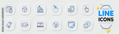 Augmented reality, Smartphone broken and Food order line icons for web app. Pack of Apple, Wallet, Baggage belt pictogram icons. Fireworks, Metro, Search mail signs. Touchscreen gesture. Vector