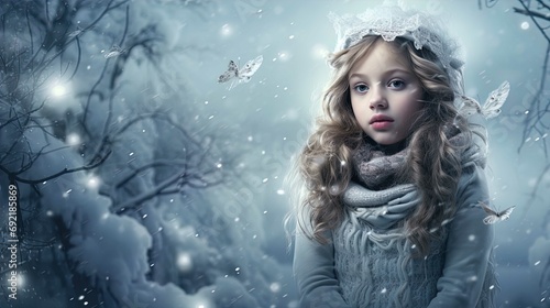 The image features a young girl with blond, wavy hair set against a wintry, magical backdrop. She wears a crown-like headpiece made of lace and is wrapped in cozy winter clothing, including a gray kni