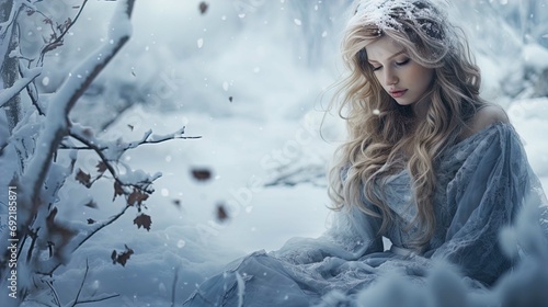 The image features a woman in a wintry, snowy setting. She appears serene and contemplative with her eyes closed. Her long, wavy blonde hair is partially covered with snow, suggesting she has been in 