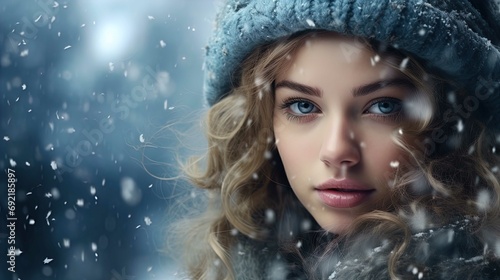 This image features a close-up portrait of a young woman adorned in winter apparel. She has fair skin, striking blue eyes, and curly blonde hair subtly covered by a flecked blue knit hat. Snowflakes f