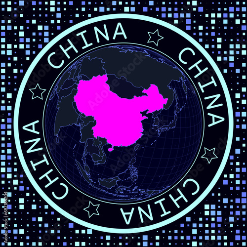 China on globe vector. Futuristic satellite view of the world centered on China. Geographical illustration with the shape of the country and squares background. Bright neon colors on dark background.