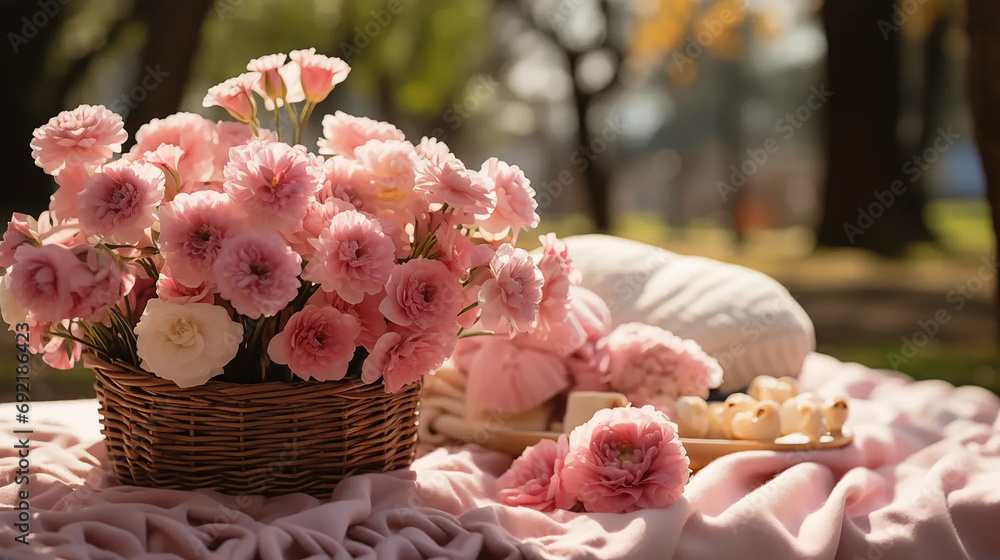Romantic Valentine's day outdoor picnic with basket of pink flowers Romantic Valentine's day outdoor picnic with basket of pink flowers