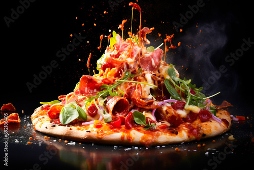 Juicy pizza with a mountain of ingredients on it, dripping and splashing sauce and smoke behind it.