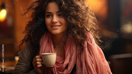 Portrait Carefree Woman Drinking Coffee Sitting, Background HD For Designer 