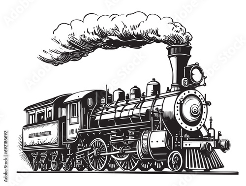 Old Steam locomotive vintage ,hand drawn sketch in doodle style illustration photo