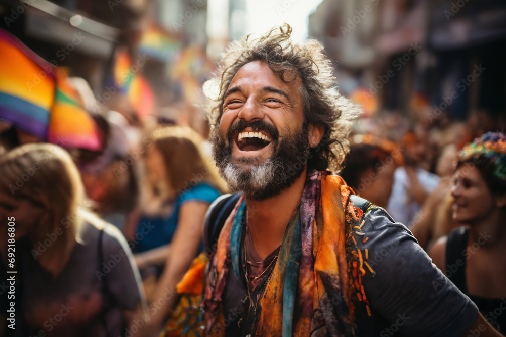 portrait of a girl at a gay pride parade, happy and joyful emotions with friends, LGBT concept