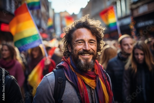 portrait of a man at a gay pride parade, happy and joyful emotions with friends, LGBT concept © soleg