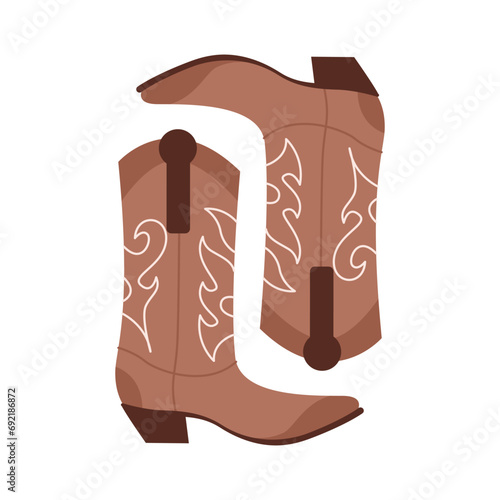 Set of different cowgirl boots. Traditional western cowboy brown boots decorated with embroidered wild west elements. Vector art illustrations isolated on white background