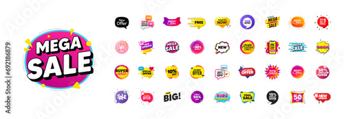 Flash offer sale banners pack. Promo price discount stickers. Special offer 3d speech bubble. Promotion flash coupons. Mega discount deal banners. Sale chat speech bubble. Ad promo message. Vector