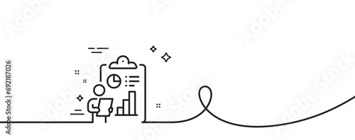 Report line icon. Continuous one line with curl. Accounting clipboard document sign. Budget info symbol. Report single outline ribbon. Loop curve pattern. Vector