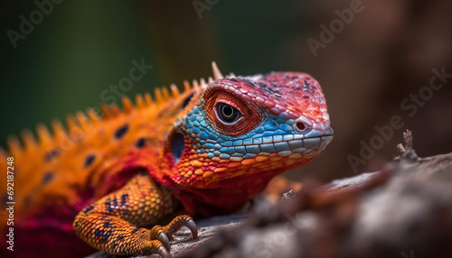 Multi colored gecko crawls on branch in tropical rainforest habitat generative AI