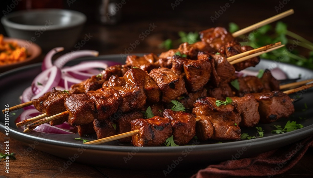 Grilled skewers of pork, beef, and chicken with savory sauce generative AI