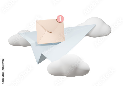 3d paper plane fly with mail unread message and cloud icon notification isolated pastel. Minimal cartoon email sent letter to social media marketing. Subscribe to newsletter. 3d render illustration.