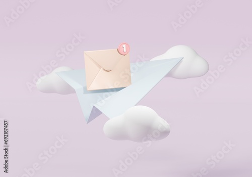 3d paper plane fly with mail unread message and cloud icon notification isolated pastel. Minimal cartoon email sent letter to social media marketing. Subscribe to newsletter. 3d render illustration.