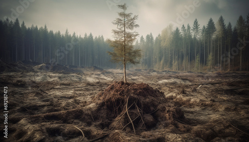 Autumn pine tree stands tall in burnt forest landscape generative AI photo