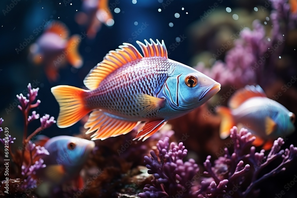 A tropical fish with bright blue and red colors swims among the coral reef in an aquarium. Concept: marine life breeding and care. A tropical fish with bright blue and red colors swims among the coral reef in an aquarium. Concept: marine life breeding and care.