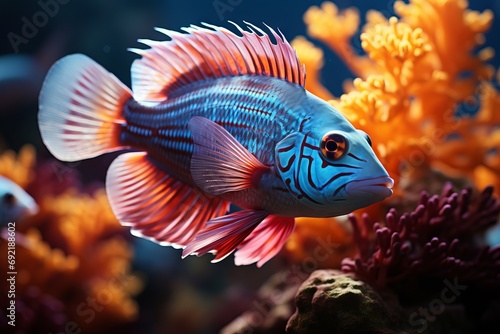 A tropical fish with bright blue and red colors swims among the coral reef in an aquarium. Concept: marine life breeding and care.