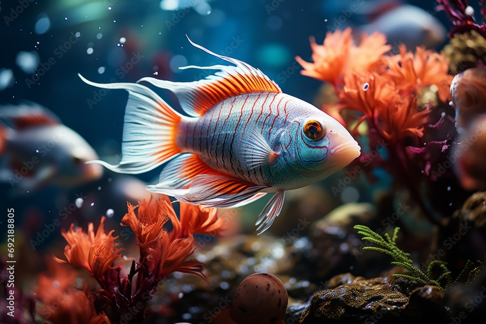 A tropical fish with silver scales and bright orange fins swims among the corals in an aquarium. Concept: marine life breeding and care.