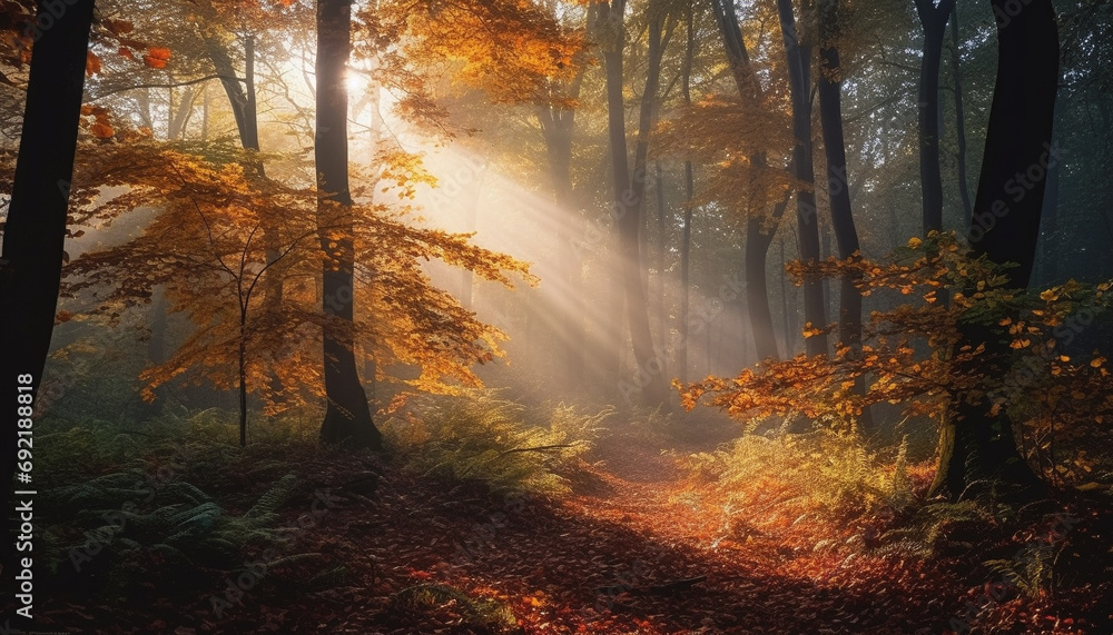 Golden sunlight illuminates autumn forest, a tranquil and vibrant scene generative AI
