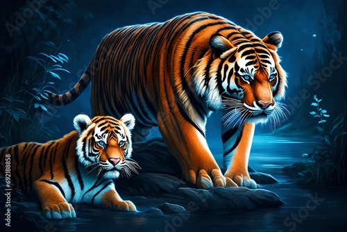 bioluminescent tiger with baby with dark blue background 