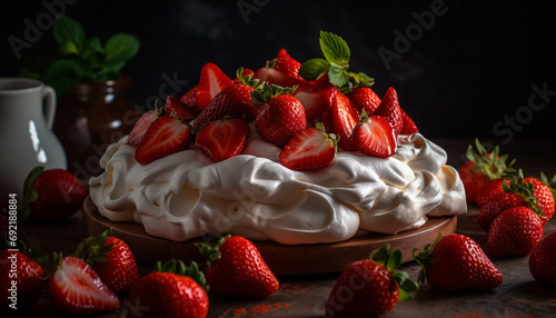 Fresh berry pavlova with whipped cream and mint leaf decoration generative AI