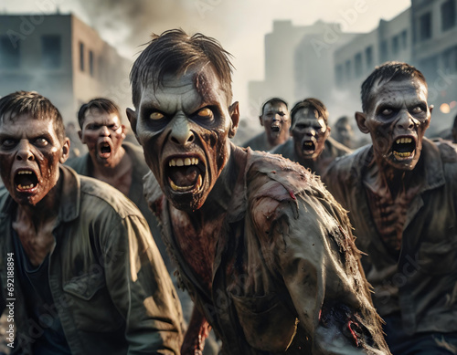 a zombie mob attacks a suburban town - generative AI