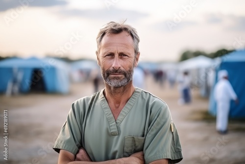 Portrait of a senior man standing in front of a camping tent