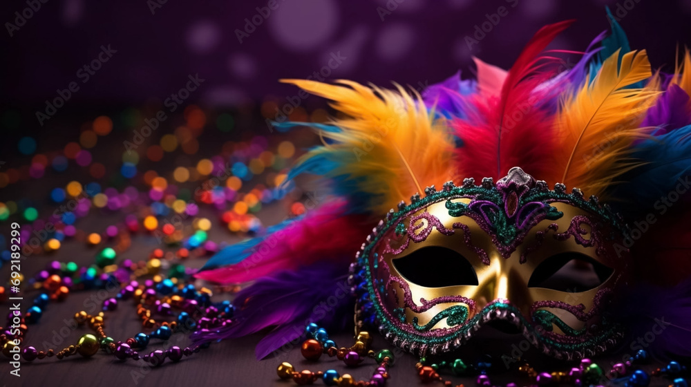 copy space, Colorful Mardi Gras mask with beads and feathers decor on a background, perfect for carnival, Mardi Gras, party, celebration, and theme-related concepts. Carnival background. copy space, Colorful Mardi Gras mask with beads and feathers decor on a background, perfect for carnival, Mardi Gras, party, celebration, and theme-related concepts. Carnival background.