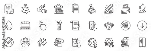 Icons pack as Global business, Money and Edit statistics line icons for app include Leaf dew, Fitness app, Energy inflation outline thin icon web set. Refrigerator, Touchpoint. Vector