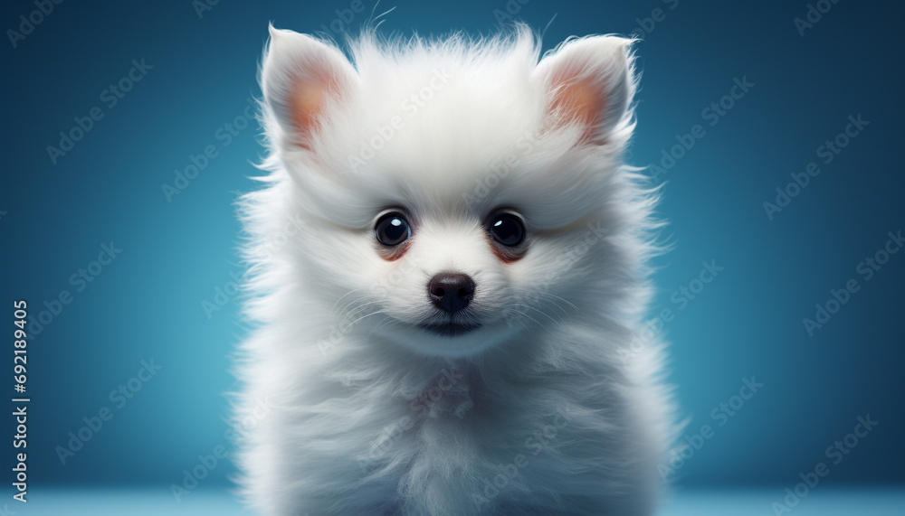 Cute small puppy sitting, looking at camera with blue eyes generated by AI