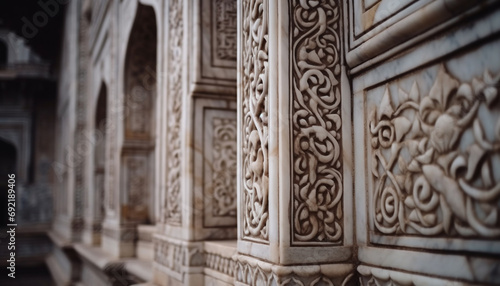 Ancient sandstone monument, ornate arch, Arabic style, spirituality, minaret generative AI