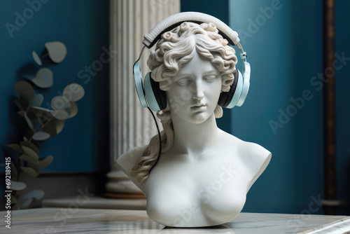 Sculpture of of the Greek goddess wearing headphones. photo