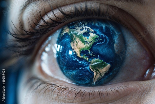 Eye of the world. Vision with earth globe. Ecology problem solution. Save planet concept