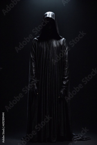 Person in a dark skin suit on black background photo