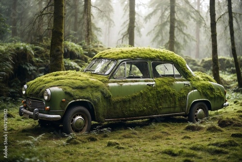 Classic car with moss. Abandoned technology. Eco future and nature inspiration. Alternative energy concept. Forest background