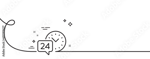 24 hour time service line icon. Continuous one line with curl. Call support sign. Feedback chat symbol. 24h service single outline ribbon. Loop curve pattern. Vector