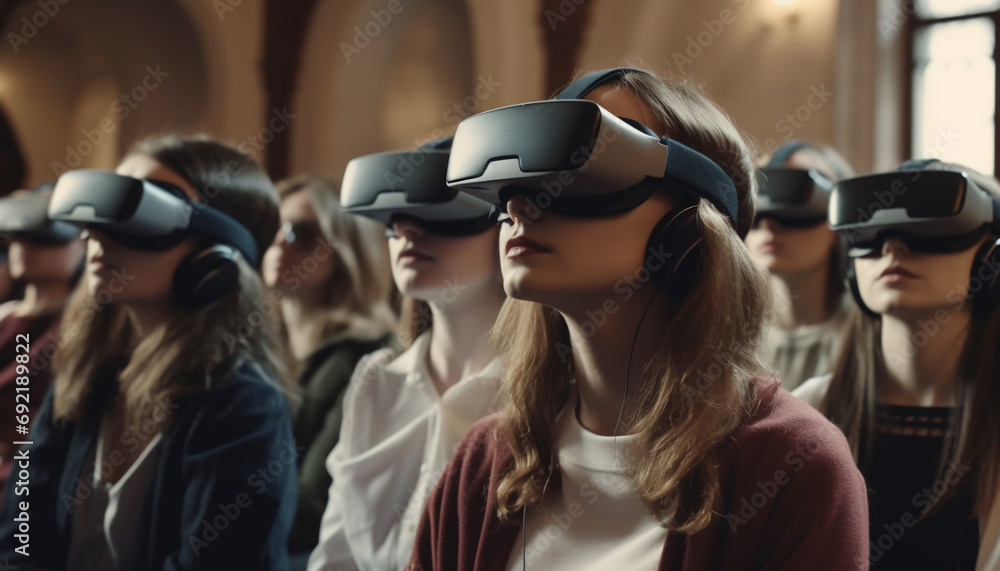 Young adults enjoying futuristic virtual reality simulator equipment indoors together generative AI Young adults enjoying futuristic virtual reality simulator equipment indoors together generative AI