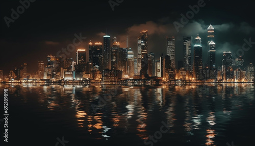Illuminated city skyline reflects on waterfront at dusk, a futuristic landscape generative AI