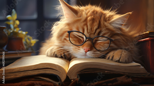 A sleepy cat in glasses, perched atop an open book, is a reminder that even the smartest of creatures need a break sometimes. ai generated. photo