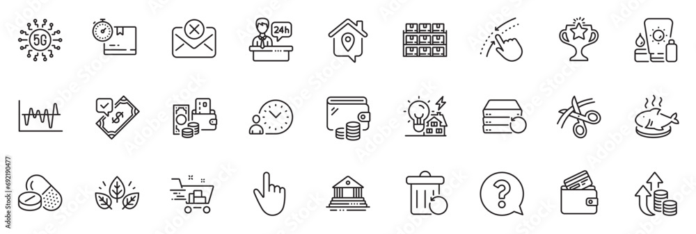 Icons pack as Swipe up, Reception desk and Sunscreen line icons for app include Organic tested, Victory, Inflation outline thin icon web set. Accepted payment, Shopping cart. Vector