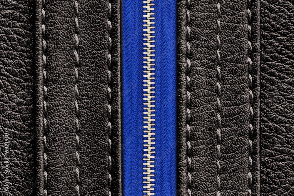 Black leather jacket background. Blue zipper. Autumn clothing. Autumn winter fashion texture. Closed fastener. Zipped zipper. Thread sew. Fashion texture. Metal silver shiny zipper teeth background. Black leather jacket background. Blue zipper. Autumn clothing. Autumn winter fashion texture. Closed fastener. Zipped zipper. Thread sew. Fashion texture. Metal silver shiny zipper teeth background.