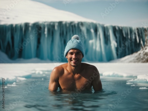 Man bathing in the ice hole. Cold water therapy.