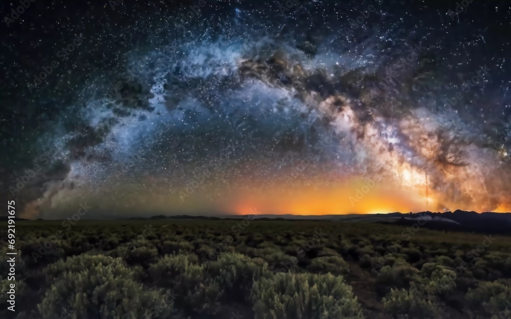 Fototapeta premium Starry Spectacular: Unveiling the Mesmerizing Night Sky over a Breathtaking Landscape!