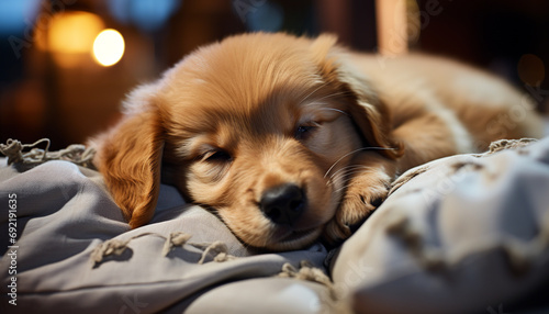 Cute puppy sleeping, purebred retriever, comfortable indoors, surrounded by love generated by AI